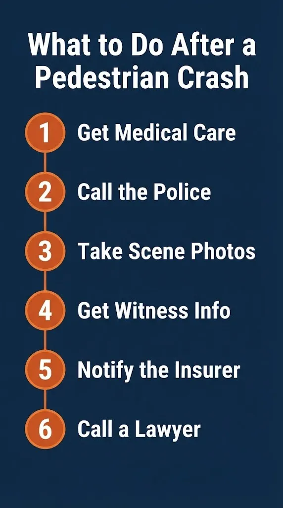 Pedestrian accident lawsuit steps graphic showing what to do after being hit by a car from medical care to calling a lawyer.