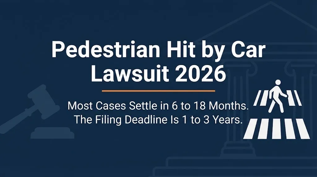 Pedestrian hit by car lawsuit 2026 banner showing settlement timeline and filing deadline with legal icons on navy background.