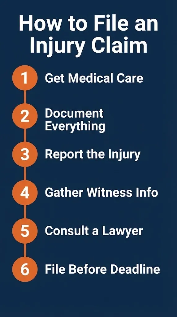 Personal injury lawsuit steps graphic showing what to do from medical care to filing before the deadline.