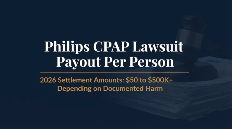 Philips CPAP lawsuit payout per person 2026 article banner with settlement range subheading.
