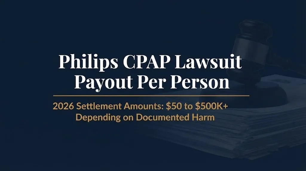 Philips CPAP lawsuit payout per person 2026 article banner with settlement range subheading.