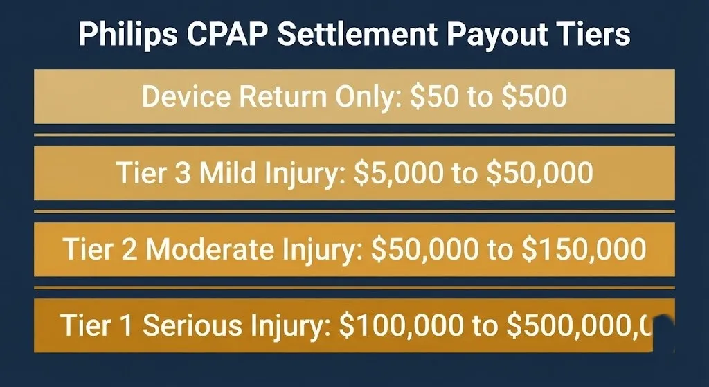 Philips CPAP settlement payout tiers infographic showing four compensation levels.