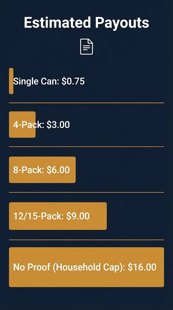 Poppi settlement payout tiers showing amounts from $0.75 per can up to a $16 household cap