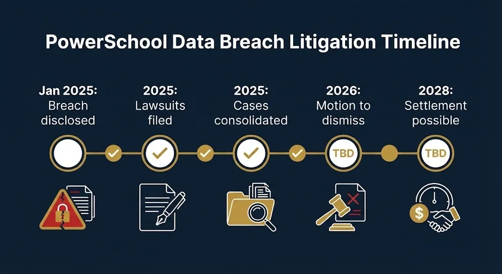 PowerSchool data breach litigation timeline from 2025 breach to possible 2028 settlement.
