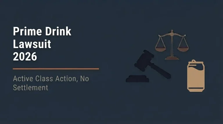 Prime drink lawsuit 2026 banner showing active class action with no settlement and legal icons.