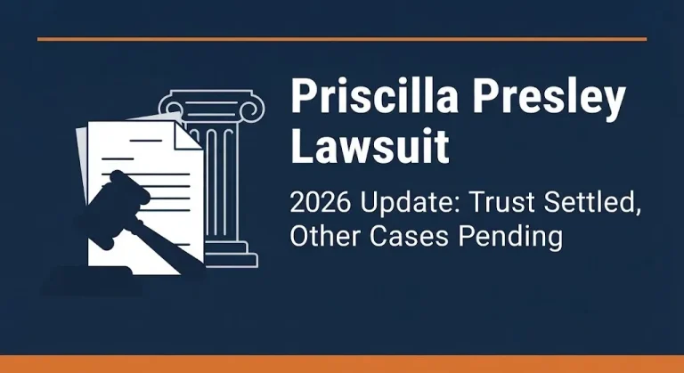 Priscilla Presley lawsuit and Graceland case status 2026 banner with gavel and courthouse illustration.