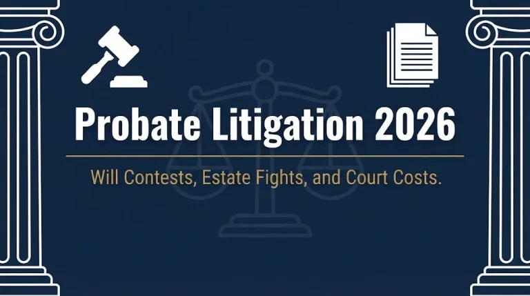 Probate litigation 2026 banner with gavel, scales, and estate dispute guide.