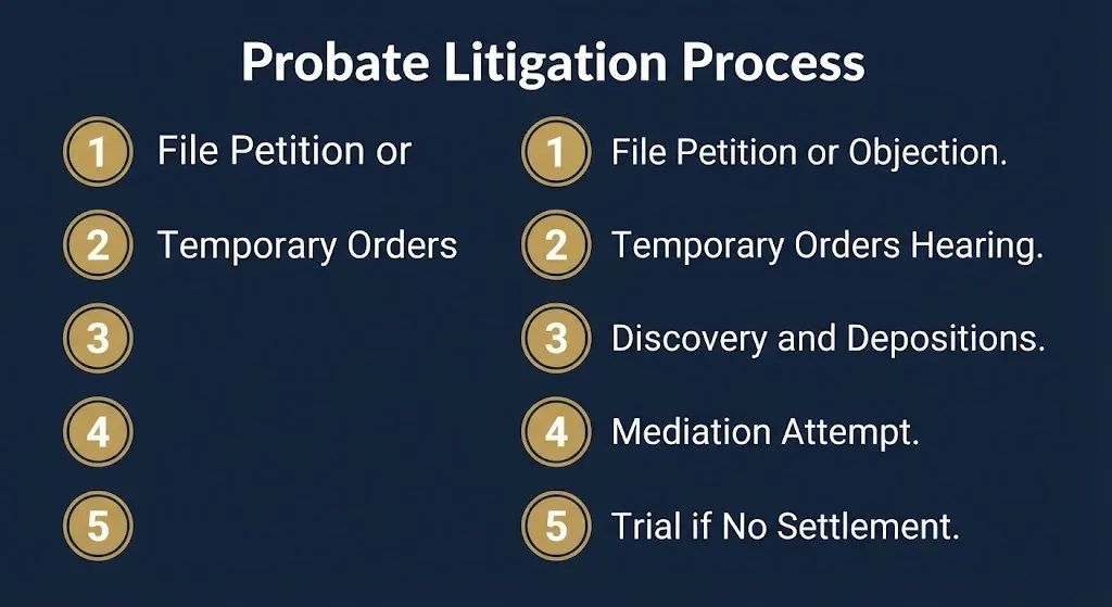 Probate litigation process steps from filing through trial.