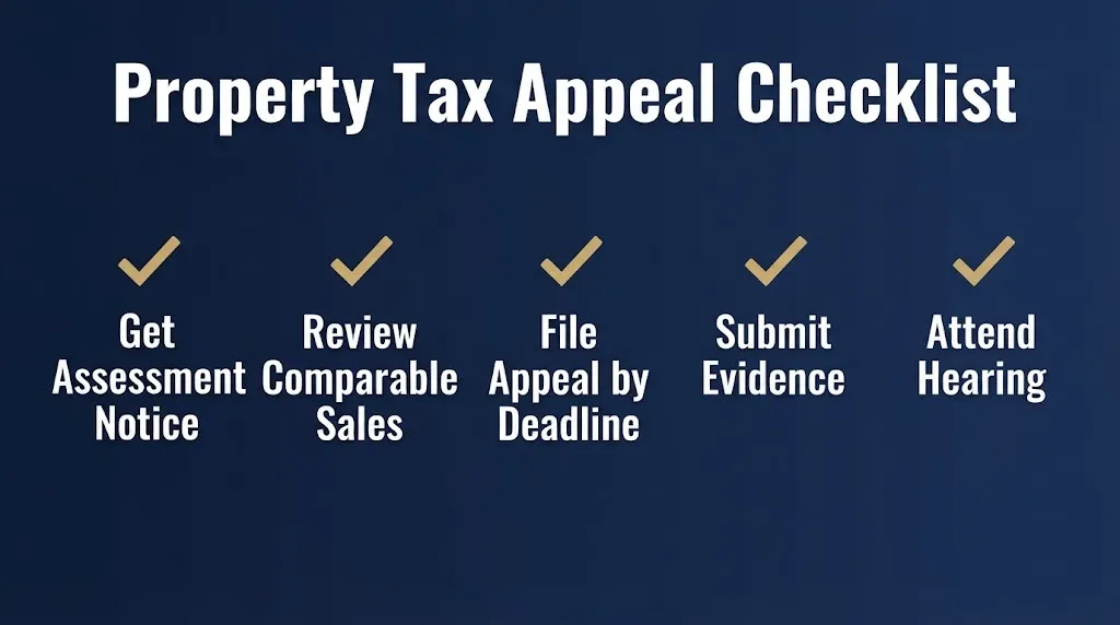 Property tax appeal checklist showing five steps to challenge a tax increase in 2026.