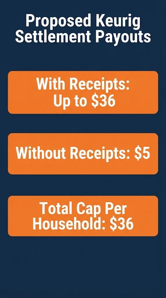 Proposed Keurig settlement payout tiers showing five dollars without receipts and up to thirty six dollars with receipts.