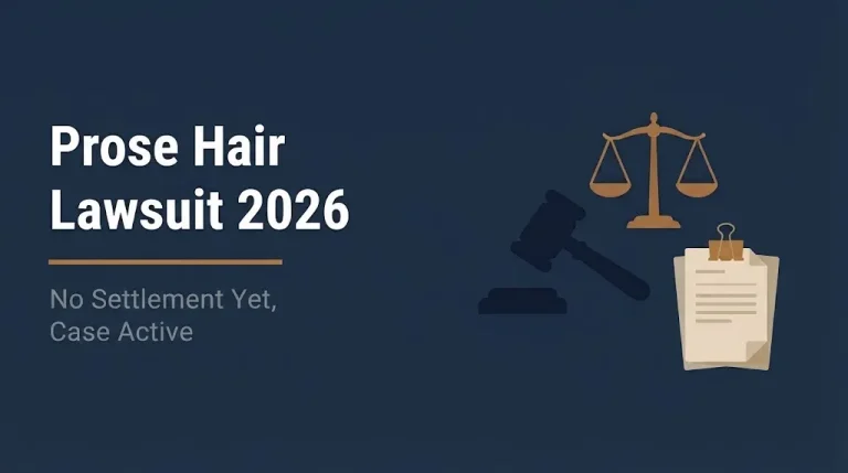 Prose hair lawsuit 2026 banner showing active case with no settlement yet and legal icons.