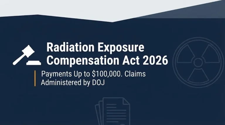 Radiation Exposure Compensation Act 2026 banner showing payments up to 100,000 dollars administered by the DOJ.