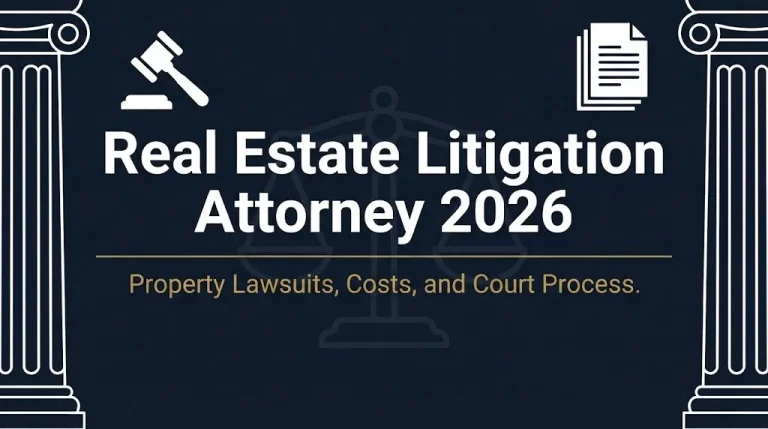 Real estate litigation attorney 2026 banner with gavel, scales, and property lawsuit guide.