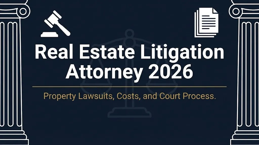 Real estate litigation attorney 2026 banner with gavel, scales, and property lawsuit guide.