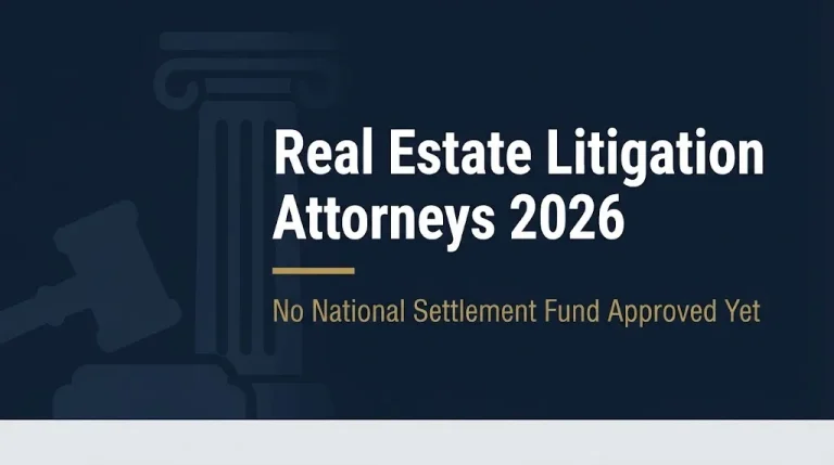 Real estate litigation attorneys 2026 status banner showing no national settlement fund is approved yet.