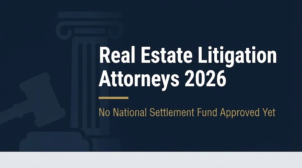 Real estate litigation attorneys 2026 status banner showing no national settlement fund is approved yet.