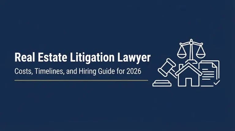 Real estate litigation lawyer banner with gavel, house outline, and scales on navy background.
