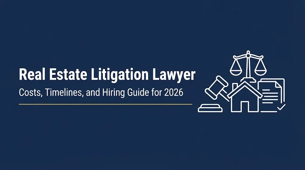 Real estate litigation lawyer banner with gavel, house outline, and scales on navy background.