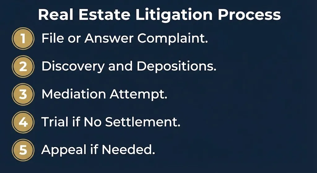 Real estate litigation process steps from filing through trial and appeal.