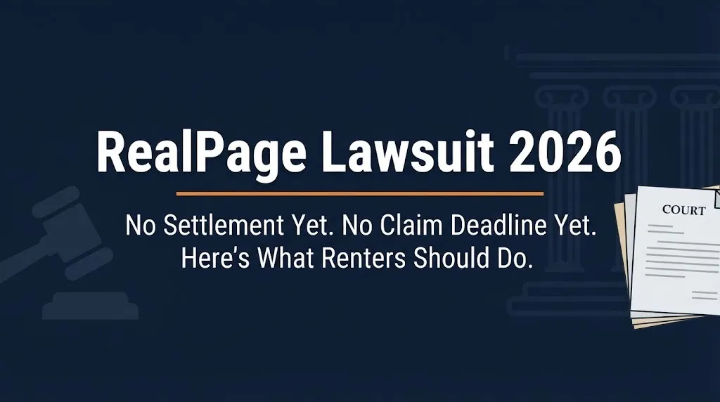 RealPage lawsuit 2026 status banner showing no settlement and no claim deadline yet with legal document and gavel icons.