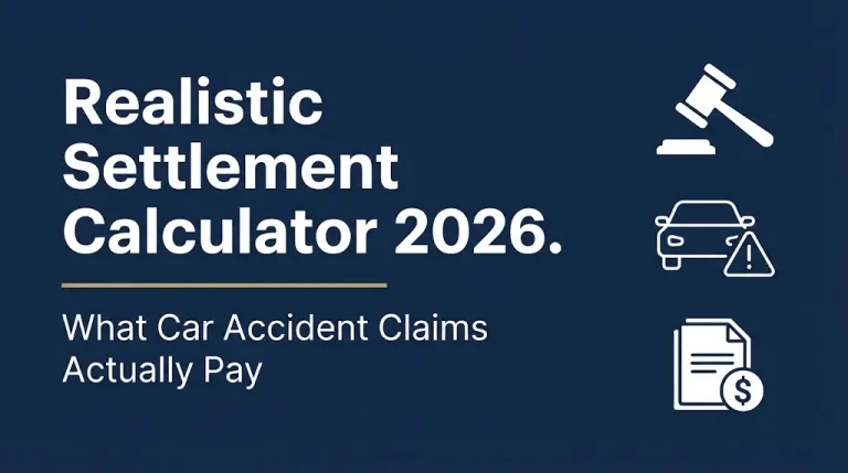 Realistic settlement calculator 2026 hero banner showing car accident claim valuation information.