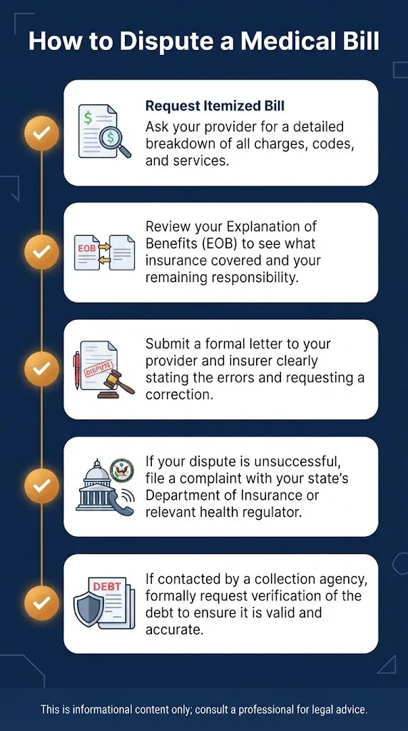 Regal Medical billing dispute checklist showing steps from itemized bill to state regulator complaint.