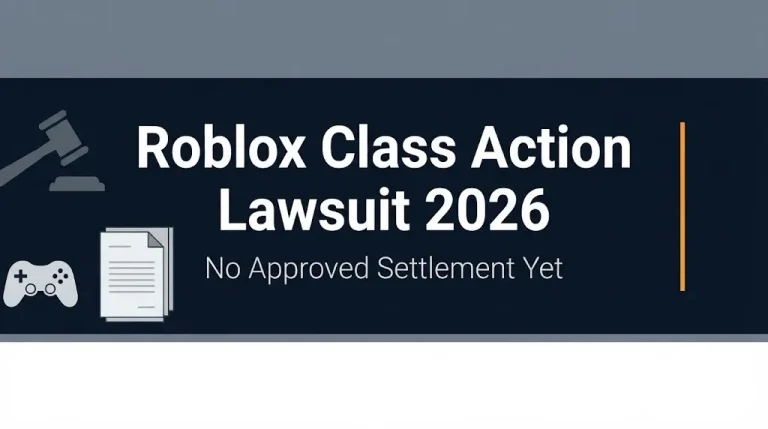 Roblox class action lawsuit 2026 banner showing no approved settlement yet.