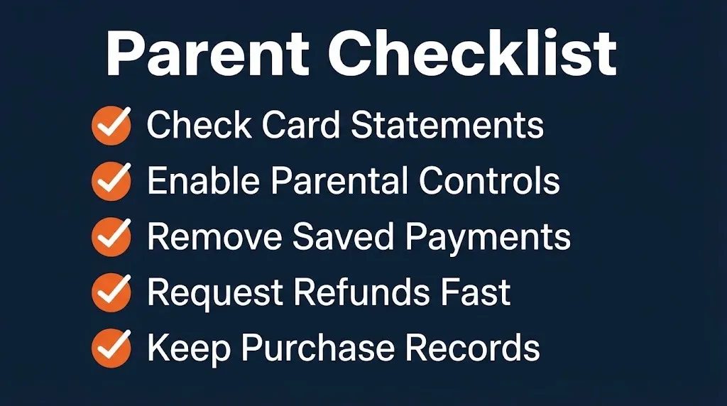 Roblox parent checklist showing card statements, parental controls, and refund steps to take now.