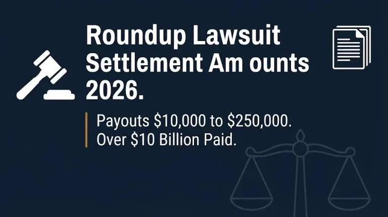 Roundup lawsuit settlement amounts 2026 banner showing payout range and total paid.