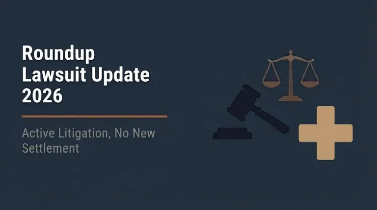 Roundup lawsuit update 2026 banner showing active litigation with no new settlement and legal icons.