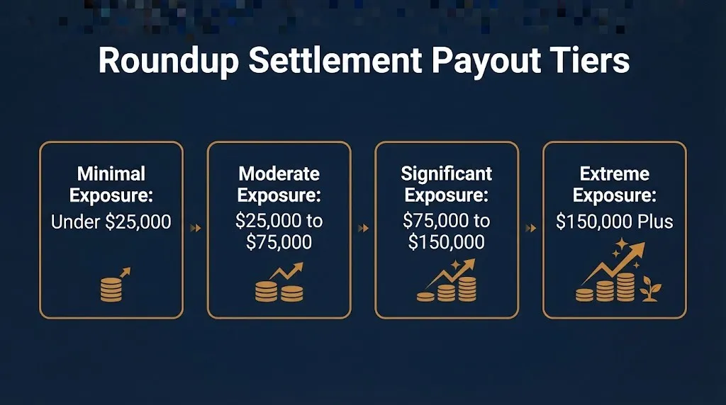 Roundup settlement payout tiers graphic showing four compensation levels based on exposure and severity.
