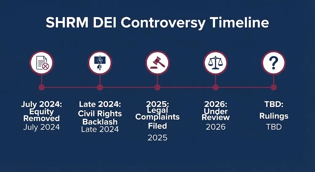 SHRM DEI controversy timeline graphic showing key dates from 2024 policy change to pending court rulings.