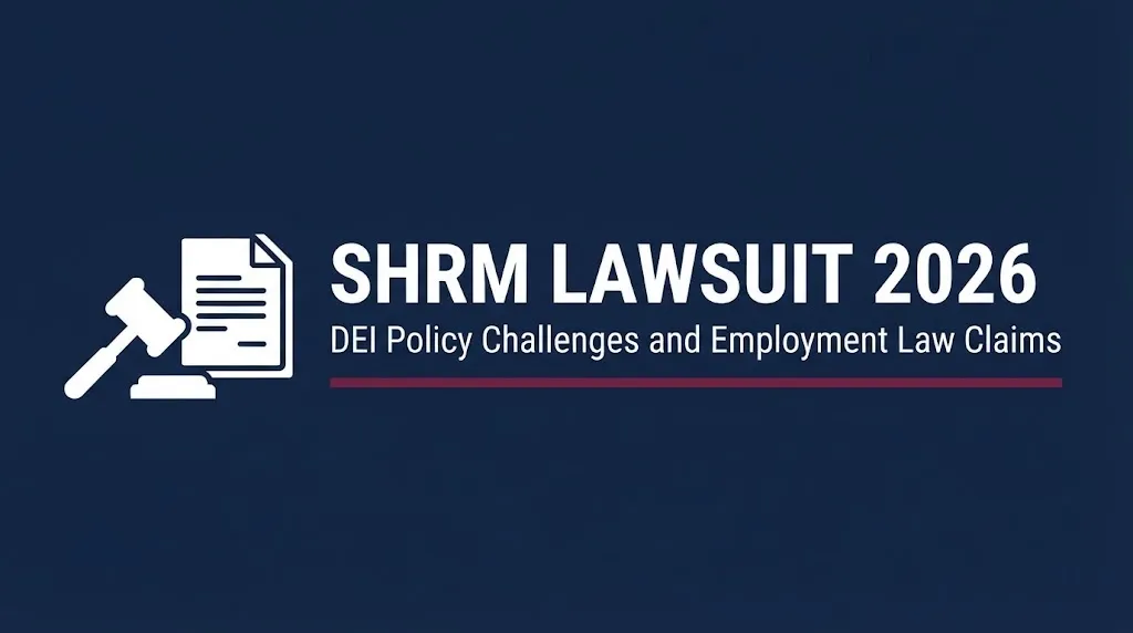 SHRM lawsuit 2026 banner showing DEI policy challenges with gavel and document icons on navy background.