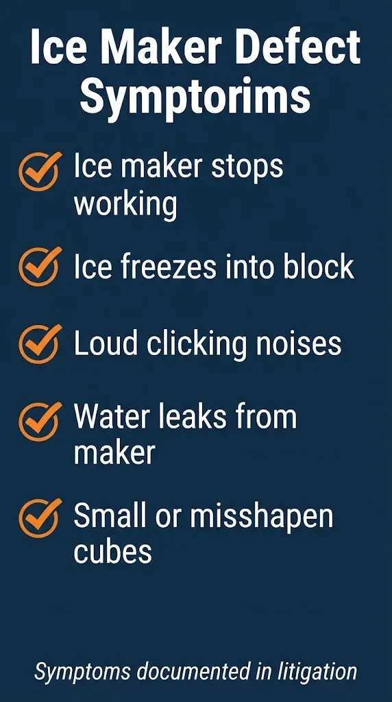 Samsung ice maker defect symptoms checklist showing common problems documented in litigation.