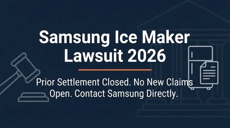 Samsung ice maker lawsuit 2026 banner showing prior settlement closed with legal and appliance icons on navy background.