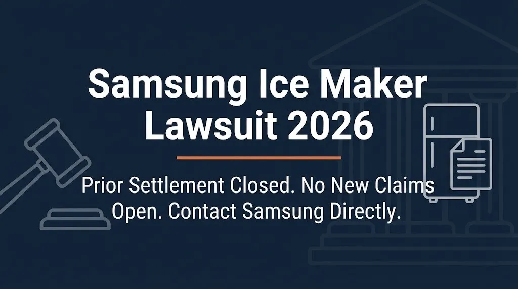 Samsung ice maker lawsuit 2026 banner showing prior settlement closed with legal and appliance icons on navy background.