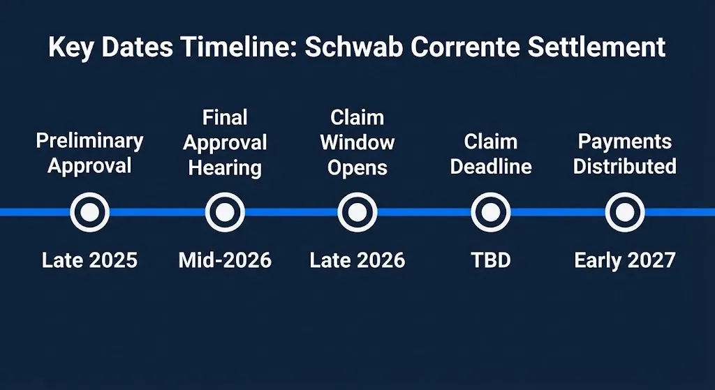 Schwab Corrente settlement timeline showing key dates from preliminary approval through payment in early 2027.