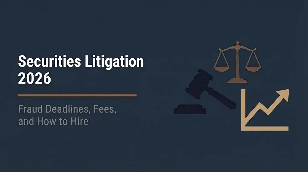 Securities litigation attorney 2026 banner showing fraud deadlines and hiring guidance with legal icons.