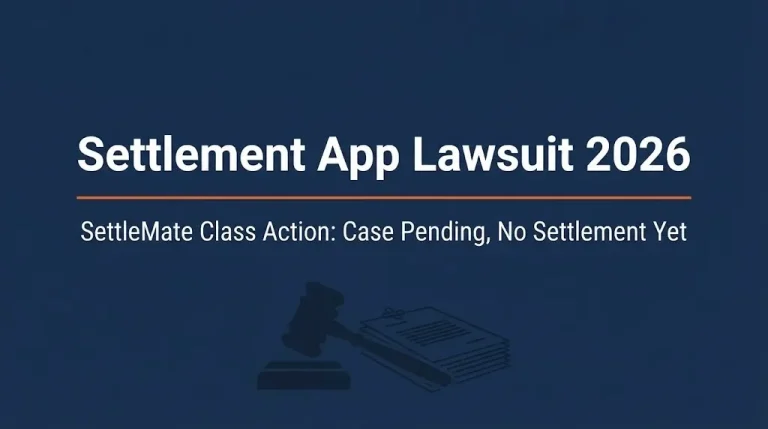 SettleMate class action lawsuit 2026 update banner showing case is pending with no settlement yet.