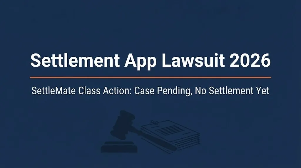 SettleMate class action lawsuit 2026 update banner showing case is pending with no settlement yet.