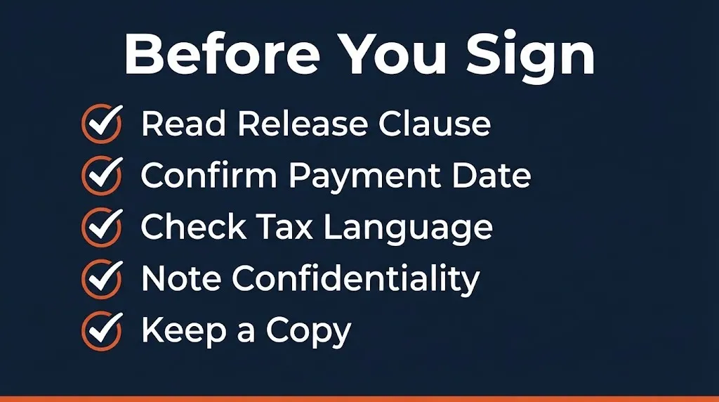 Settlement agreement pre-signing checklist covering release clause, payment date, tax terms, and confidentiality.
