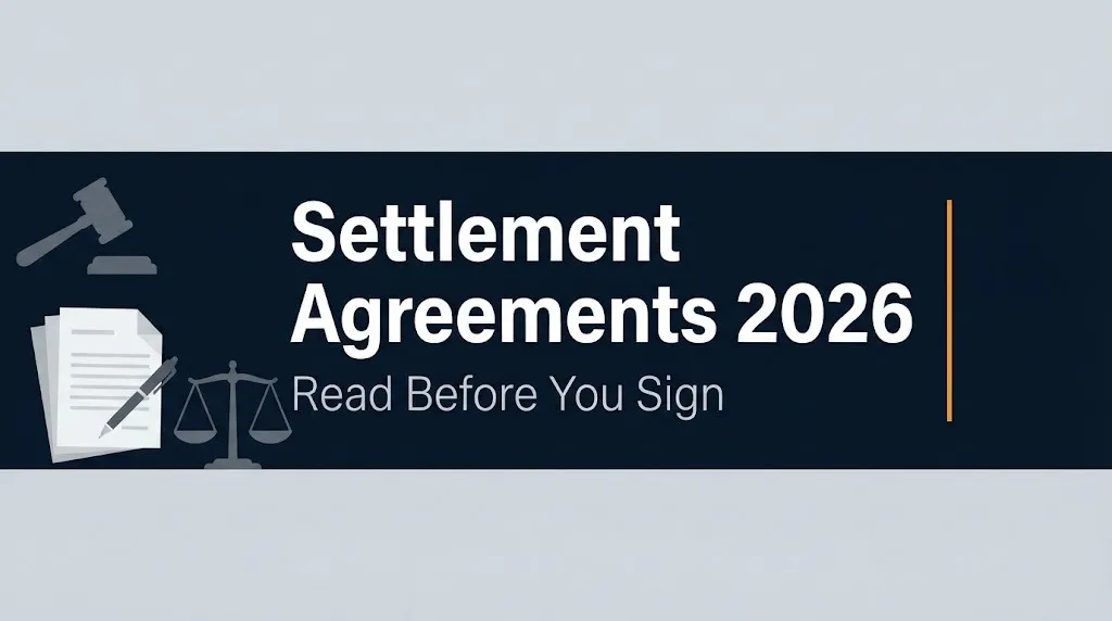 Settlement agreements 2026 banner showing the message to read before signing legal documents.