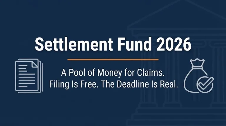 Settlement fund 2026 banner showing pool of money for claims with free filing and real deadlines on navy background.