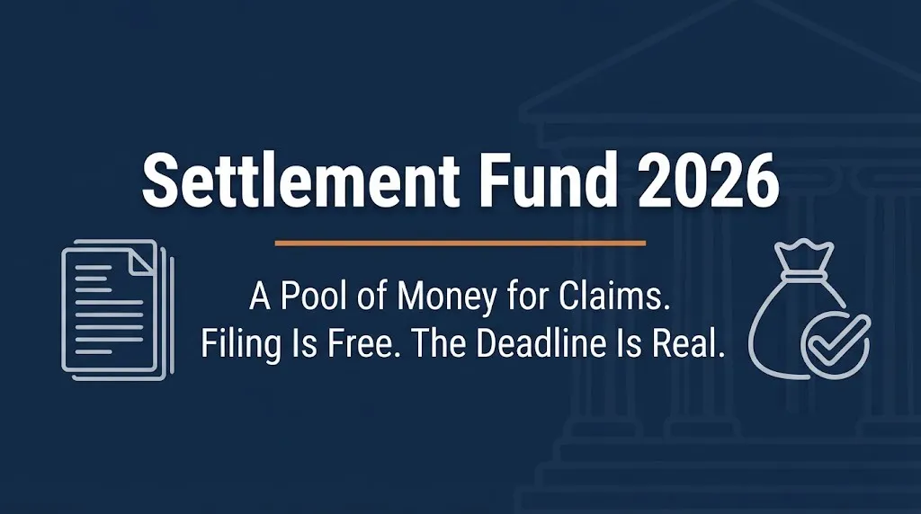 Settlement fund 2026 banner showing pool of money for claims with free filing and real deadlines on navy background.