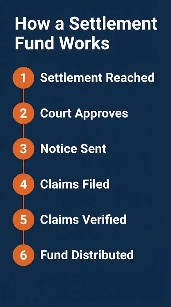 Settlement fund process steps showing how money moves from settlement approval to claims distribution.