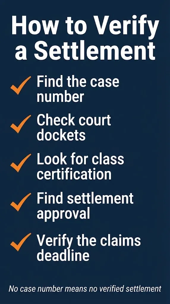Settlement verification checklist showing how to check court dockets and find claims deadlines before filing.