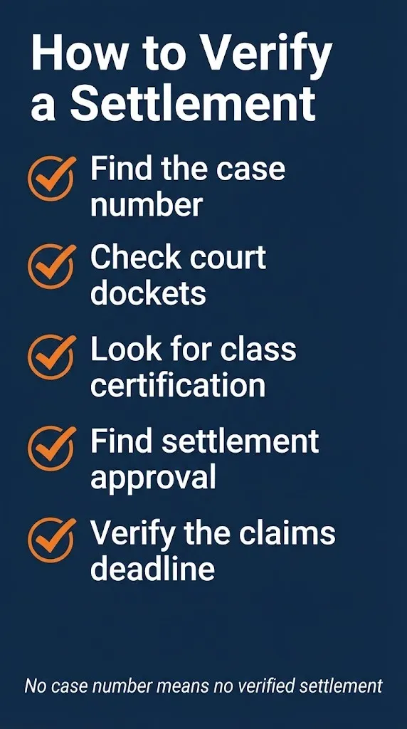 Settlement verification checklist showing how to check court dockets and find claims deadlines before filing.