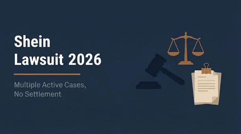 Shein lawsuit 2026 banner showing multiple active cases with no settlement and legal icons.