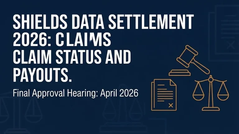 Shields data settlement 2026 hero banner showing claim status and April 2026 final approval hearing date.