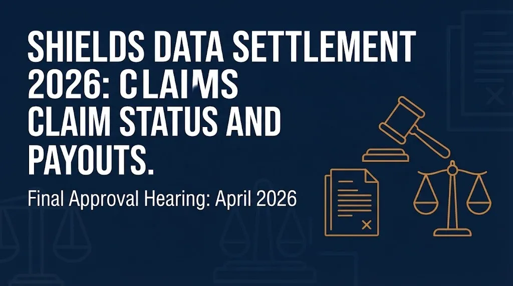 Shields data settlement 2026 hero banner showing claim status and April 2026 final approval hearing date.